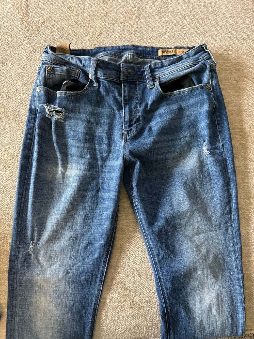 Seven7 Slim Straight Jeans W34 L32 Distressed Blue Denim